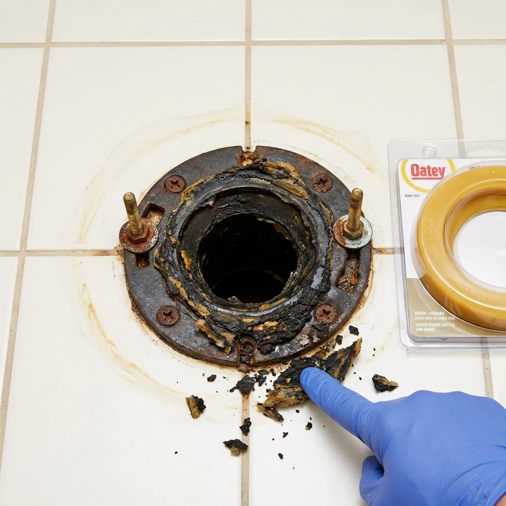 Failed wax ring showing water seepage at the base of a toilet in a Rushville, NE home